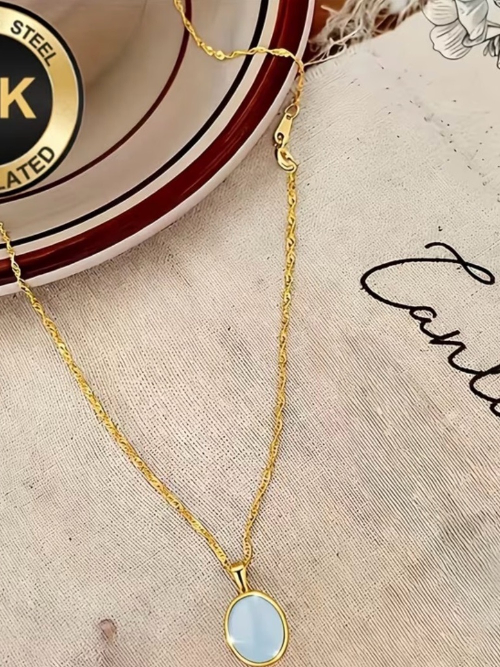 18k Gold Plated Pendant-Stainless Steel Necklace with Pale Blue Stone